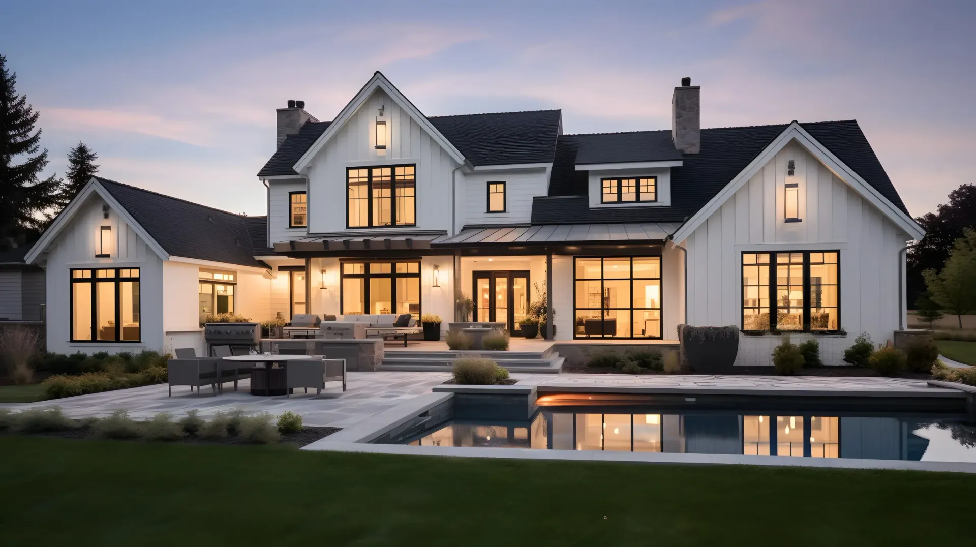 Modern farmhouse-style home at dusk in The Woodlands area